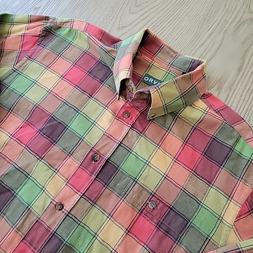 Orvis Shirt Men's XL Orange‎ Plaid Wool Blend Long Sleeve Lightweight Flannel